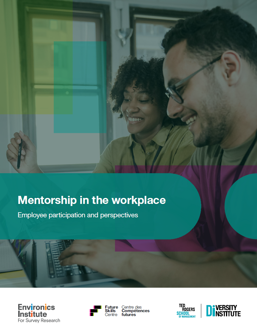 A report cover featuring logos, a title and two people working together on a laptop.